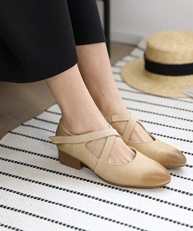 Simple Beige Cowhide Leather Cross Strap High Heels---Comfortable Leather Pumps for Office and Everyday Wear