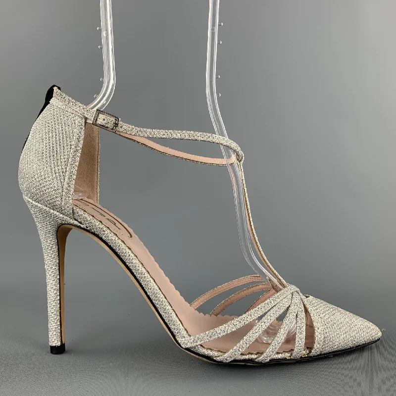 Versatile Heeled Sandals for Any Occasion---SJP Size 9 Silver Metallic Fabric T- Strap Carrie Pumps