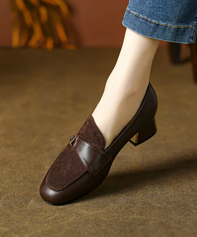 Soft Classy Splicing Chunky Brown Cowhide Leather---Comfortable Leather Pumps for Office and Everyday Wear