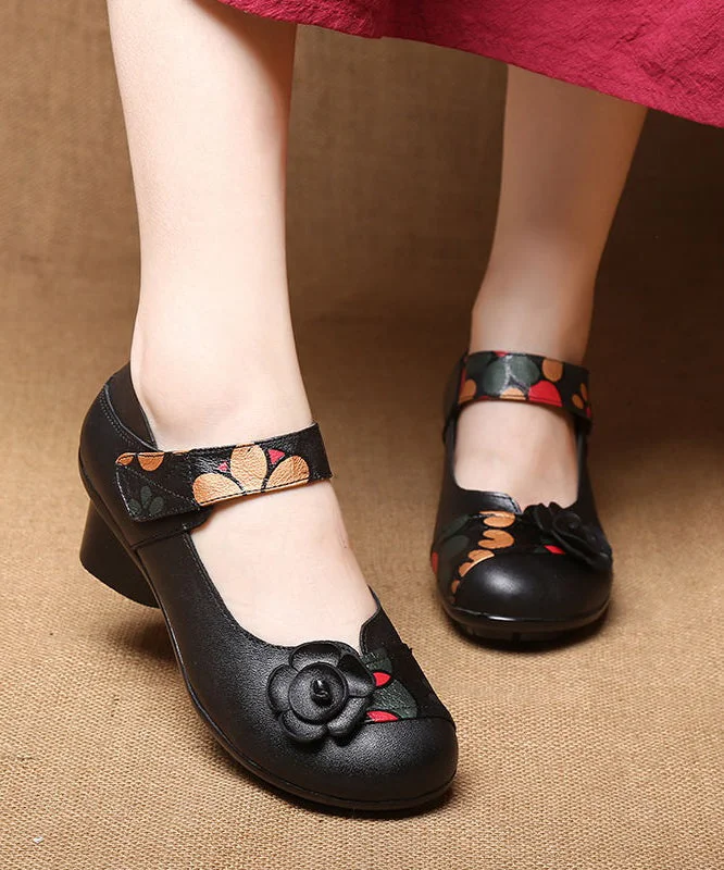 Soft Splicing Buckle Strap Black Cowhide Leather Chunky Heel---Comfortable Leather Pumps for Office and Everyday Wear