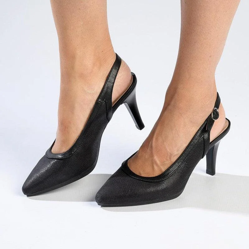 Soft Style by Hush Puppies Phoebe Crackle Court Heel - Black---Fashionable Kitten Heels for Date Night