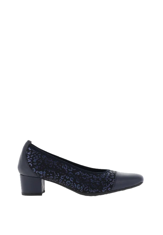 Trendy Chunky Heel Pumps for Casual Wear--Softmode Ella Leopard Print Block Heel Shoes, Navy