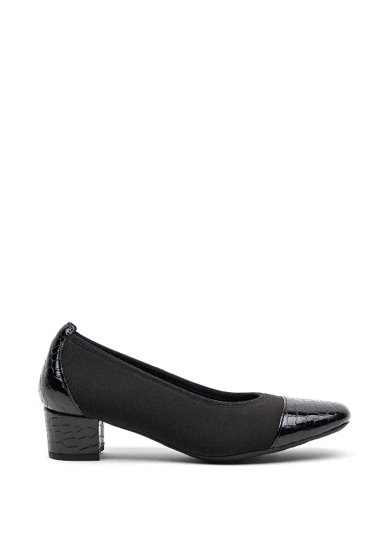 Softmode Leather Croc Panel Chucky Heel Shoes, Black---Comfortable Leather Pumps for Office and Everyday Wear