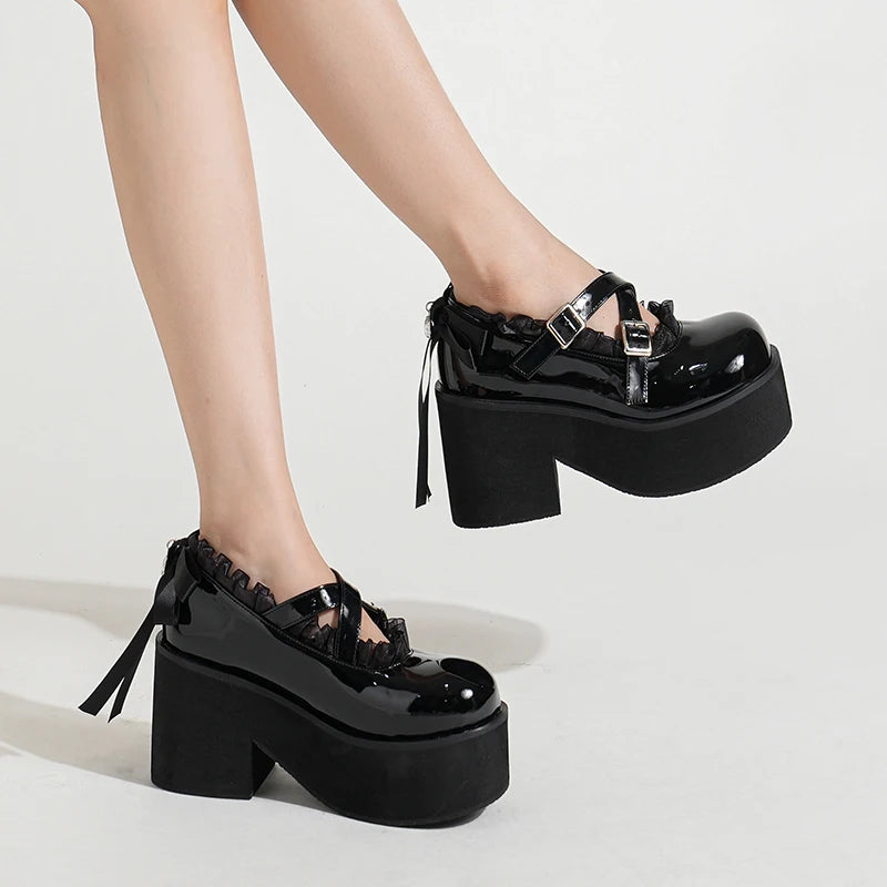 Sleek and Shiny Patent Pump Heels for a Polished Look--Sohiwoo 8cm High Heels Waterproof Platform Platform Thick Patent Leather Bow Single Shoes Round Toe Chunky High Heels Buckle Strap Shoes