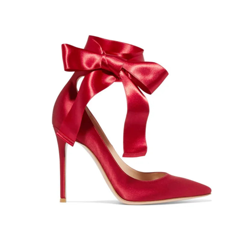 Stiletto Heel Pumps with Perfect Fit--Sohiwoo Bright Red Silk Ankle Bowtie Pumps Pointed Toe Thin High Heels Single Shoes Butterfly Knot Lace- Up Wedding Shoes-Fashionable & Classic