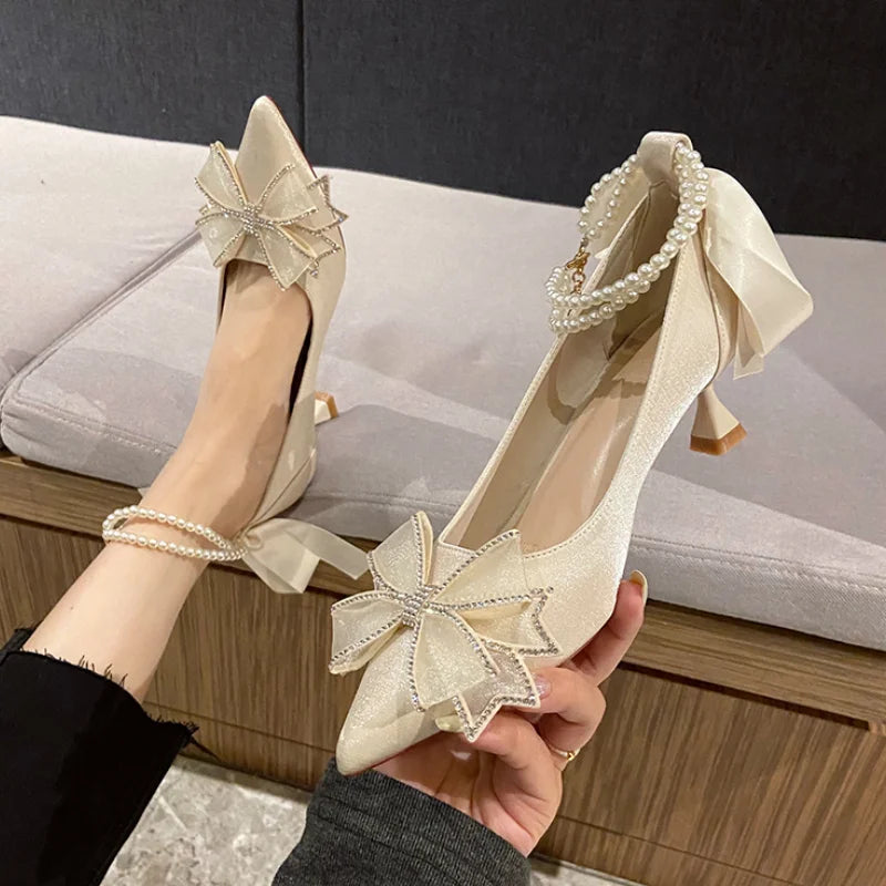 Stylish Ankle Strap Heels for Women--Sohiwoo Crystal Bow High Heels Shoes Women Pointed Toe Pearl Ankle Strap Pumps Woman Fashion Silk Thin Heels Party Shoes Female