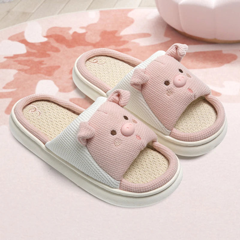 Versatile Heeled Sandals for Any Occasion---Sohiwoo Cute Cartoon Pig Hemp Slippers Women 2024 Winter Comfort Soft Sole Funny Cotton Slippers Woman Non Slip Flat Heels House Shoes