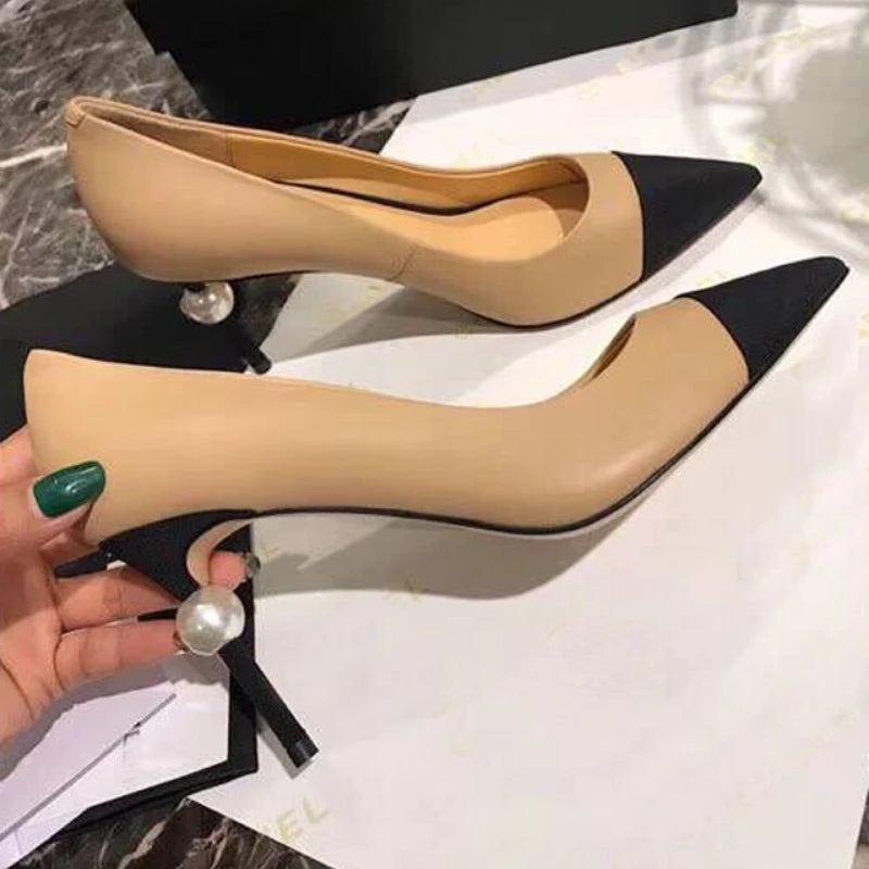 Trendy Chunky Heel Pumps for Casual Wear--Sohiwoo European and American Spring New Pointed Colored Thin High Heel Pearl Heel Women's Shoes with Shallow Mouth Single Shoes