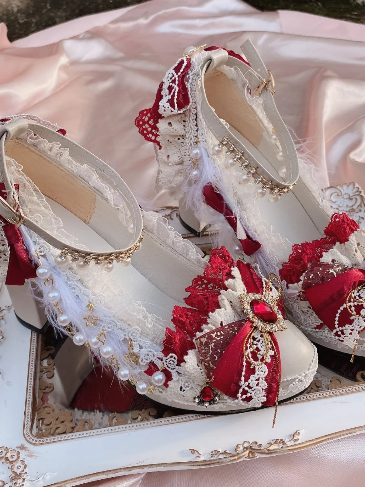 Trendy Chunky Heel Pumps for Casual Wear--Sohiwoo Girl Lolita Handmade Red/white Flower Wedding High Heels Chinese Style Women's Tea Party Lo Handmade Stage Performance Shoes