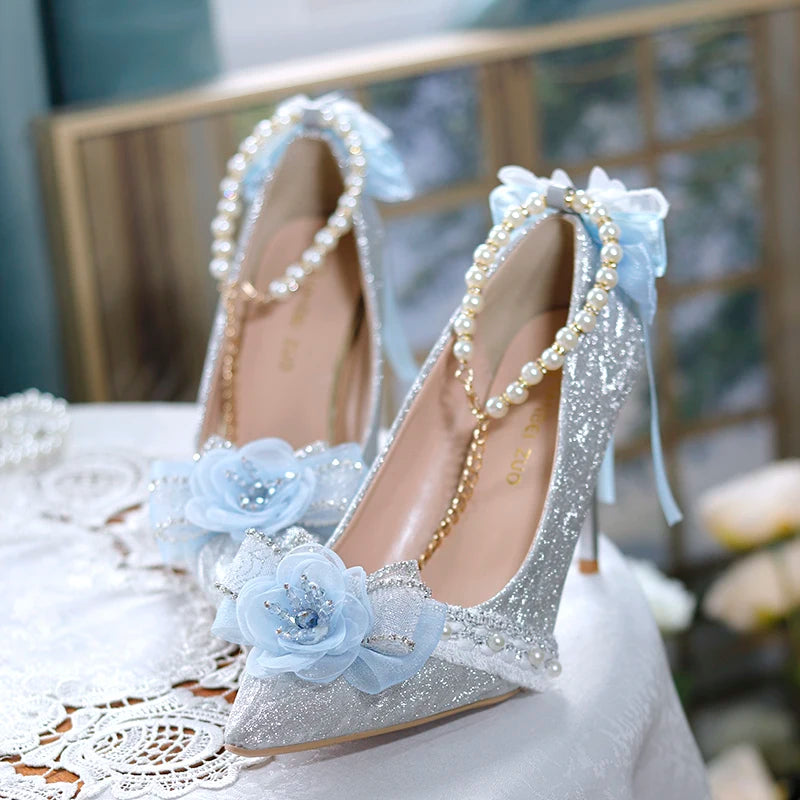 Trendy Chunky Heel Pumps for Casual Wear--Sohiwoo  Graduation Gift Lolita High Heels Sweet Tea Pot Lolita Pointed High Heels Slim Heels Flower Wedding Shoes Ladies