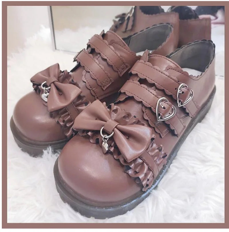 Sohiwoo Japanese student sweet lolita shoes vintage round head low heel women shoes cute lace ruffle bowknot kawaii shoes loli cosplay---Charming Bow Pumps for a Cute and Stylish Look