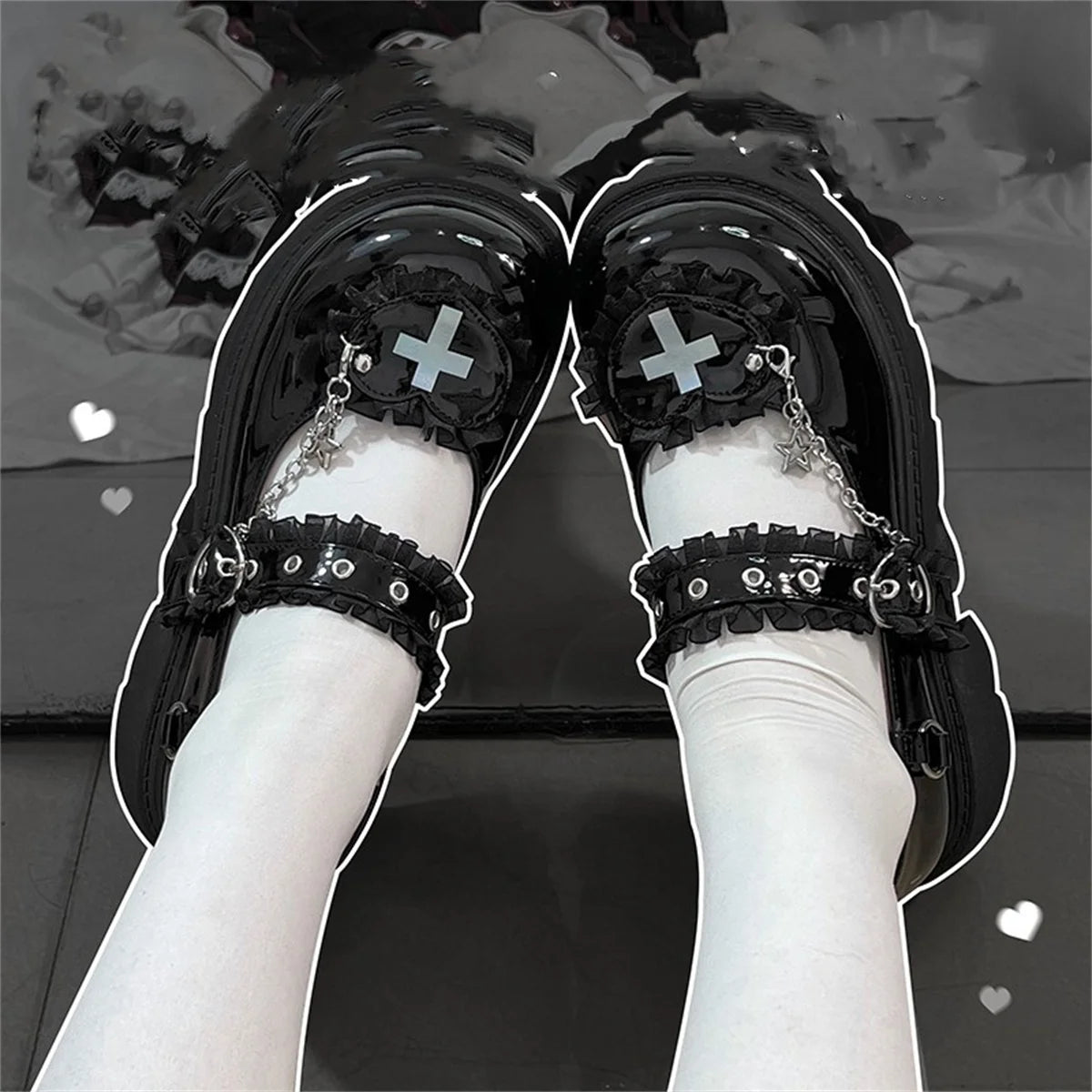 Stylish Lace Pumps for a Chic Look--Sohiwoo Japanese Sweet Girls Cosplay Lolita Shoes Round Head Thick Bottom Lace Love Cross Metal Star Chain 2.5cm-5cm High Heels Shoes