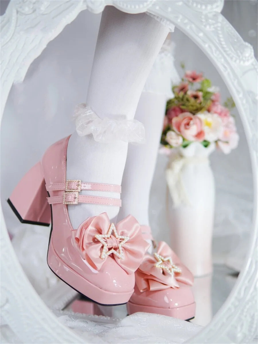 Sohiwoo Japanese Sweet Lolita Cosplay Girls Shoes Cute Loli Square Head Thick Bottom Ribbon Bow Jewel Star Buckle 9cm High Heel Pu Shoes---Charming Bow Pumps for a Cute and Stylish Look