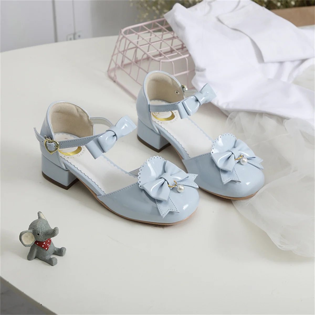 Sohiwoo Japanese Sweet Lolita Cosplay Girl's Shoes Cute Lolita Round Head Bow Pearl Lotus Leaf Buckle Strap 3-5cm Middle Heel PU Shoes---Charming Bow Pumps for a Cute and Stylish Look