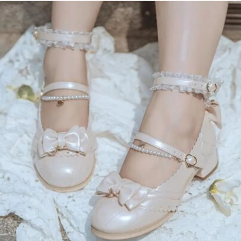 Sohiwoo Japanese sweet lolita shoes vintage round head thick heel women shoes cute lace bowknot princess kawaii shoes loli cosplay---Charming Bow Pumps for a Cute and Stylish Look