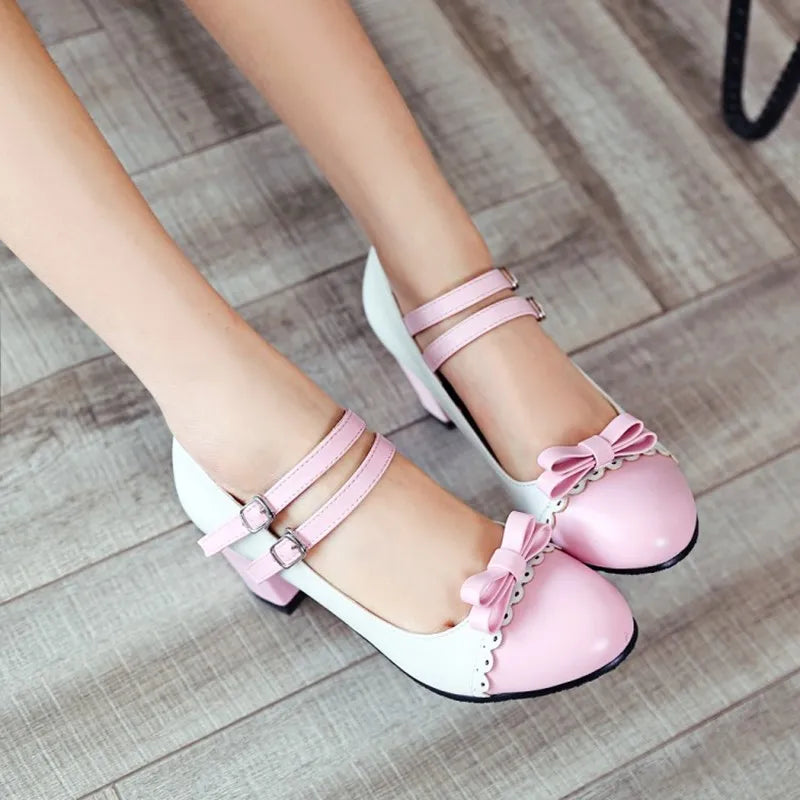 Sohiwoo Japanese Sweet Lolita Women's Shoes Round Head Heel Student Bow Shoes thick heel women shoes cosplay loli Sweet lolita shoes---Charming Bow Pumps for a Cute and Stylish Look