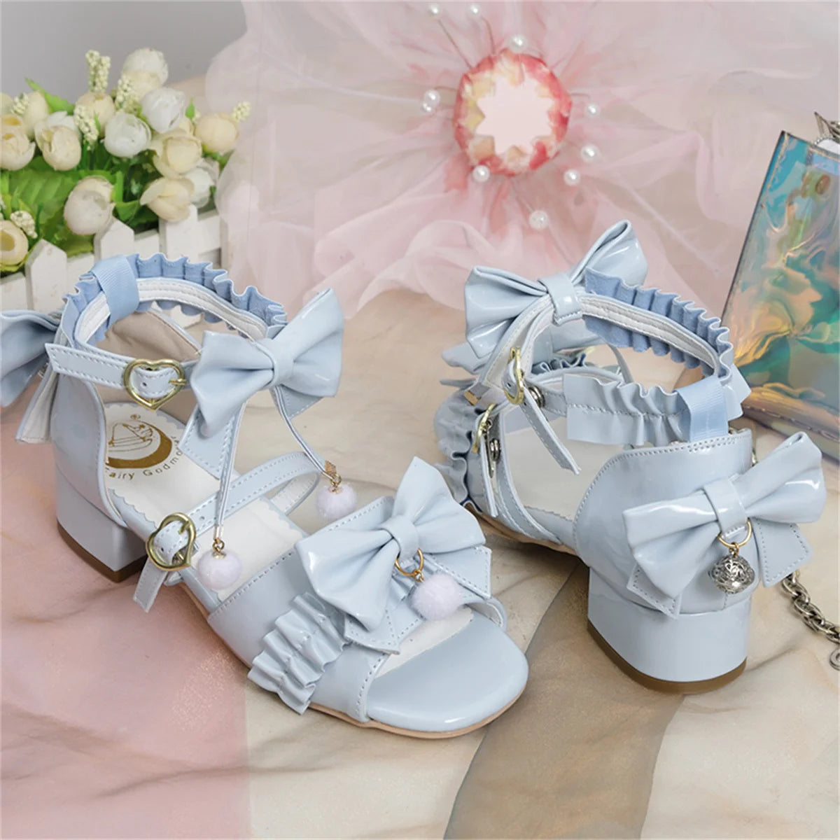 Sohiwoo Japanese Sweet Style Cosplay Lolita Girls Shoes Kawaii Lolita Bare Toes Bow Hair Ball Buckle Straps 3.8cm Low Heel PU Shoes---Charming Bow Pumps for a Cute and Stylish Look