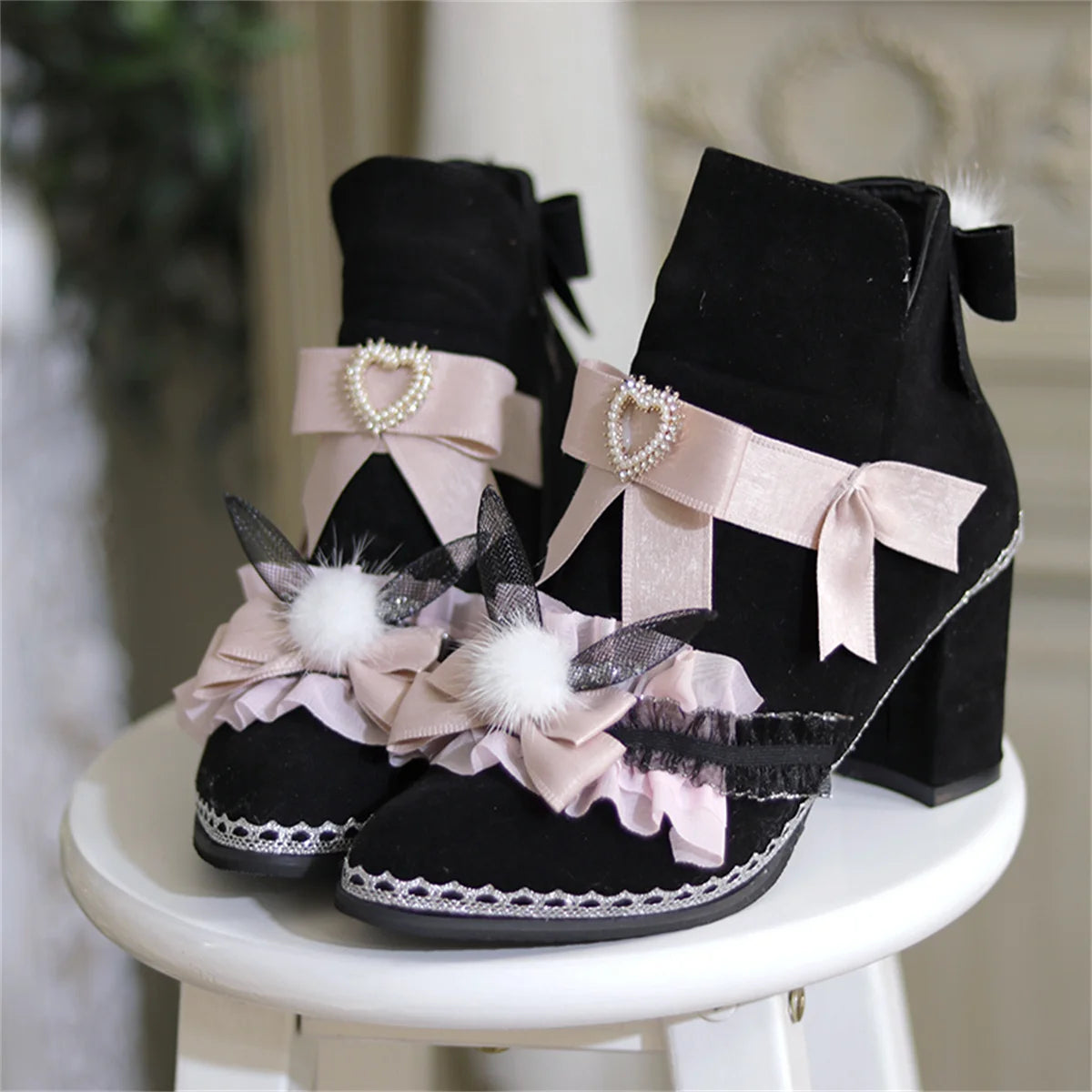 Sohiwoo Japanese Sweet Style Lolita Girls Shoes Cosplay Cute Bowknot Pearls Love Ruffle Kawaii Hairball Rabbit Ear 8cm High Heel Shoes---Charming Bow Pumps for a Cute and Stylish Look