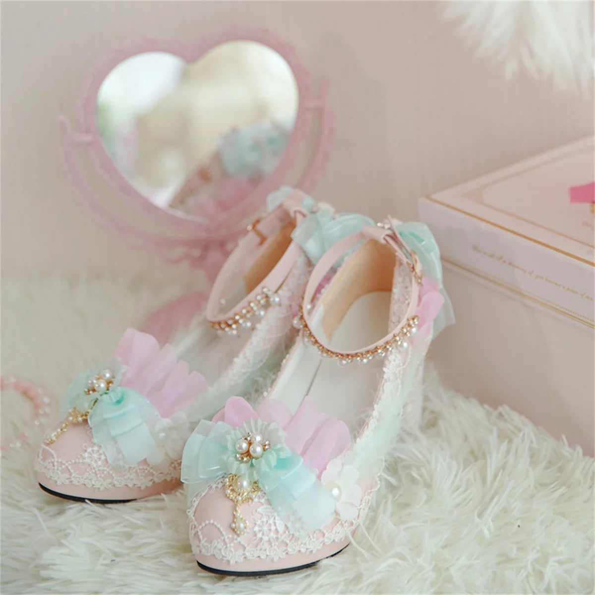 Sohiwoo Japanese Sweet Style Lolita Shoes Wedding Girls Cosplay Tea Party Elegant Pearls Ribbon Bowknot Lace Flower 8cm High Heel Shoes---Charming Bow Pumps for a Cute and Stylish Look