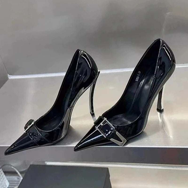 Stiletto Heel Pumps with Perfect Fit--Sohiwoo Lacquer leather black slim heel high heels, 2024 new metal heel pointed toe fashion versatile banquet shoes-Fashionable & Classic