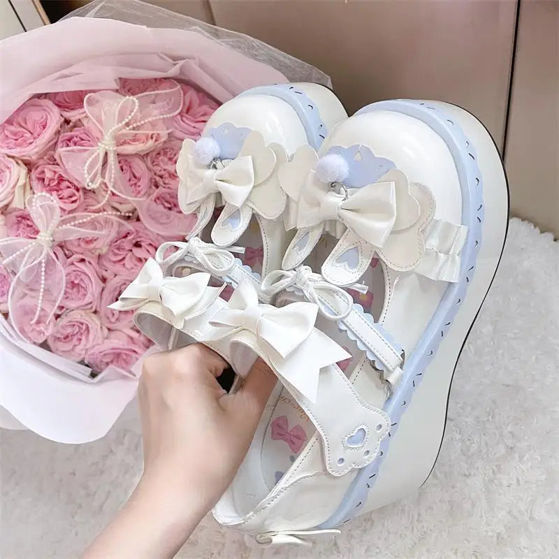 Sohiwoo Lolita Sweet Cute Women's Round Toe High Heels Spring and Autumn Japanese Style Fashion All-Match Bow Buckle Ladies High Heels---Charming Bow Pumps for a Cute and Stylish Look