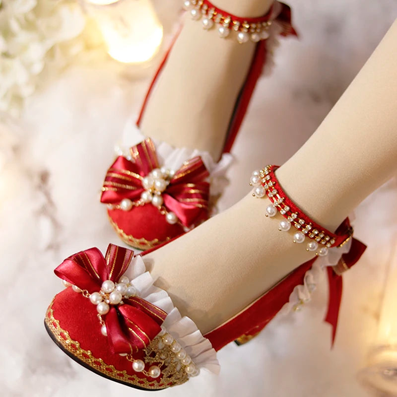 Trendy Chunky Heel Pumps for Casual Wear--Sohiwoo Original Lolita Shoes Chinese Red Chinese Style High Heel Lolita Wedding Shoes Sweet Flower Wedding Shoes Heel Height 6cm