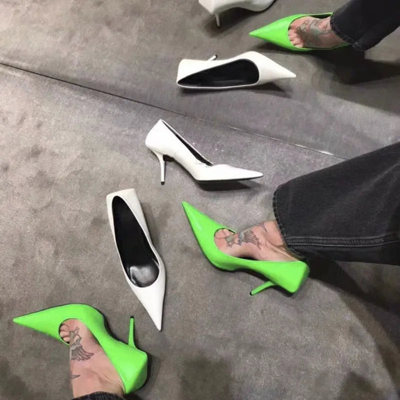 Trendy Chunky Heel Pumps for Casual Wear--Sohiwoo Pointed New Fluorescent Green Sexy Thin Heels Versatile White High Heels Shallow Mouth Thin Heels Women's Single Shoes