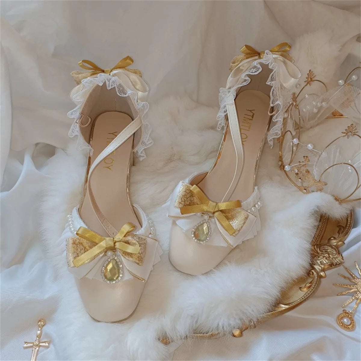 Sohiwoo Retro Court Style Lolita Cosplay Flower Wedding Girl Gorgeous Square Head Lace Ruffled Bow Gem Pearl 4.5cm High Heeled Shoes---Charming Bow Pumps for a Cute and Stylish Look