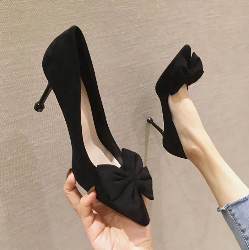 Stiletto Heel Pumps with Perfect Fit--Sohiwoo Shoes for Women Super High Heel Ladies Summer Footwear Black Office Stilito Pointed Toe with Bow Genuine Mark Slip on Shoe-Fashionable & Classic