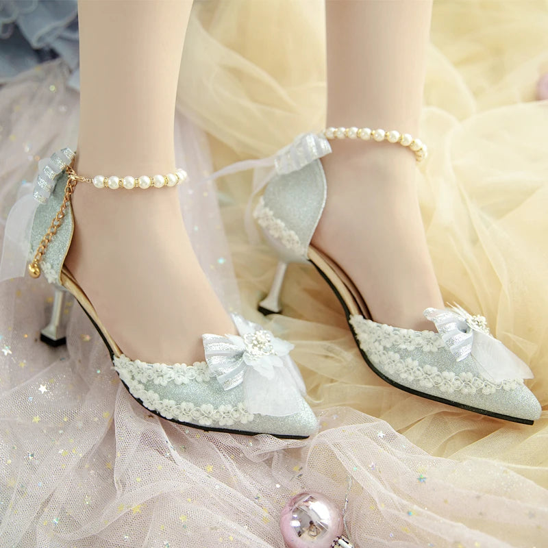 Stiletto Heel Pumps with Perfect Fit--Sohiwoo Silver Flower Wedding Bow Pointed Toe Female Lolita Shoes High Heels 5cm Lo Princess Kawaii Pearl Tea Party Japanese Girls Shoes-Fashionable & Classic