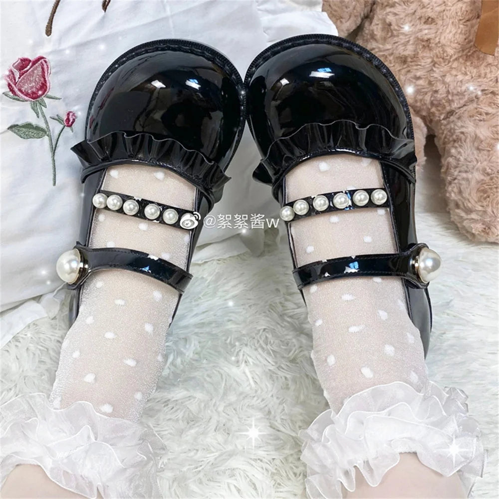 Versatile Heeled Sandals for Any Occasion---Sohiwoo Spring Girls Ruffle Pearl Kawaii Girl Women Lolita Shoes Multicolor Pu Round Head Low Heel Elegant Woman Cosplay Lolita Shoes