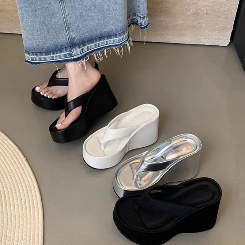 Stylish Platform Heels for Extra Height--Sohiwoo Summer Chunky Woman Slippers Fashion Platform Wedges High Heel Silvery Ladies Shoes Zapatillas De Mujer