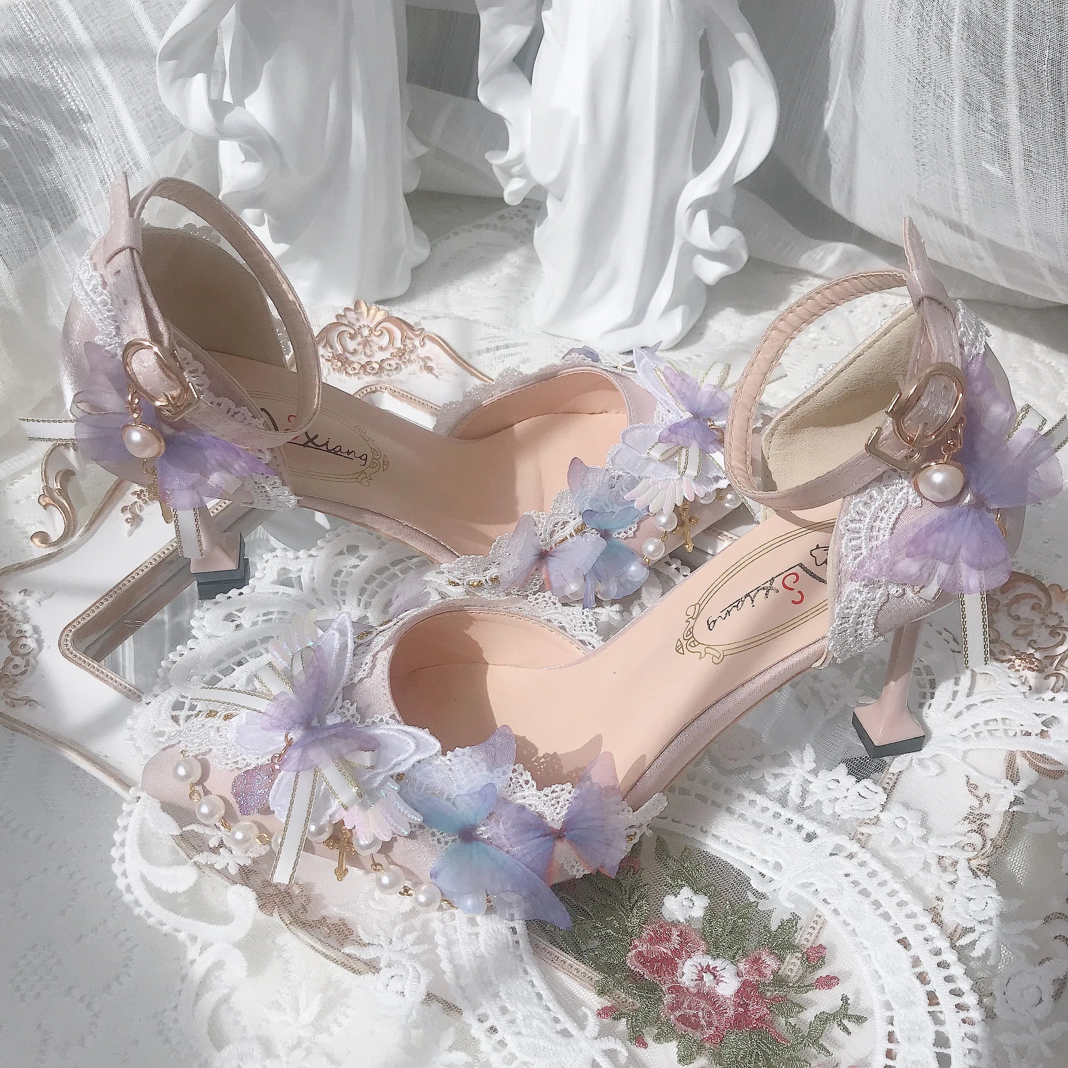 Trendy Chunky Heel Pumps for Casual Wear--Sohiwoo Sweet Flower Wedding Butterfly High Heels 5cm/8cm Lolita Woman Shoes Pearl Decoration Beautiful Girls Kawaii Fairy Wedding Shoes