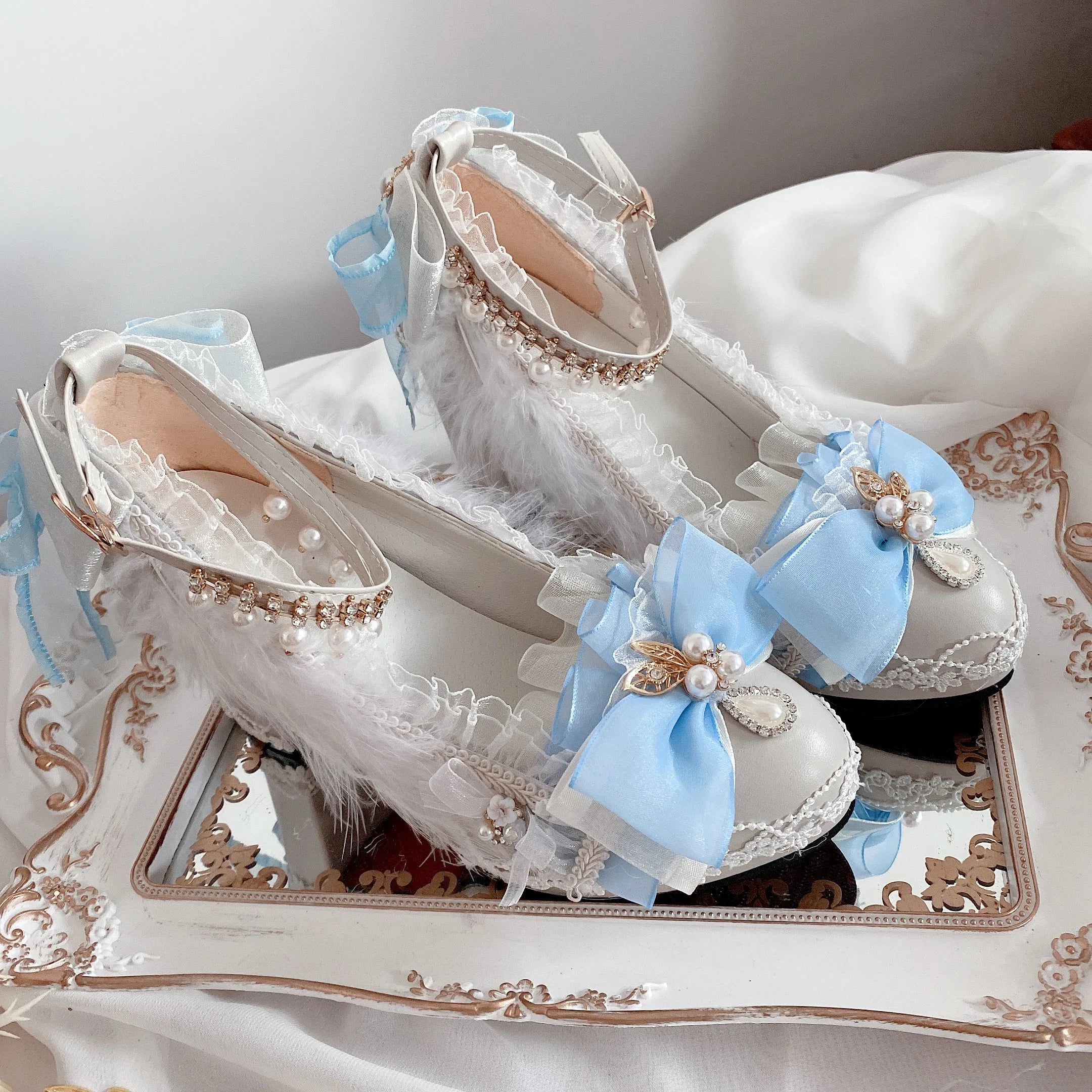 Versatile Heeled Sandals for Any Occasion---Sohiwoo Sweet Girl Lolita Handmade Blue/pink Thick Heels Lo Shoes Flower Wedding Women's Tea Party Stage Performance Shoes Daughter Adul