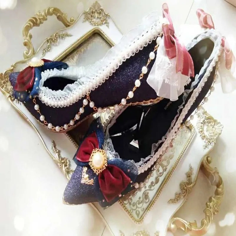 Sohiwoo sweet lolita shoes tea party kawaii princess kawaii shoes vintage lace bowknot round head low heel women shoes loli cosplay cos---Charming Bow Pumps for a Cute and Stylish Look