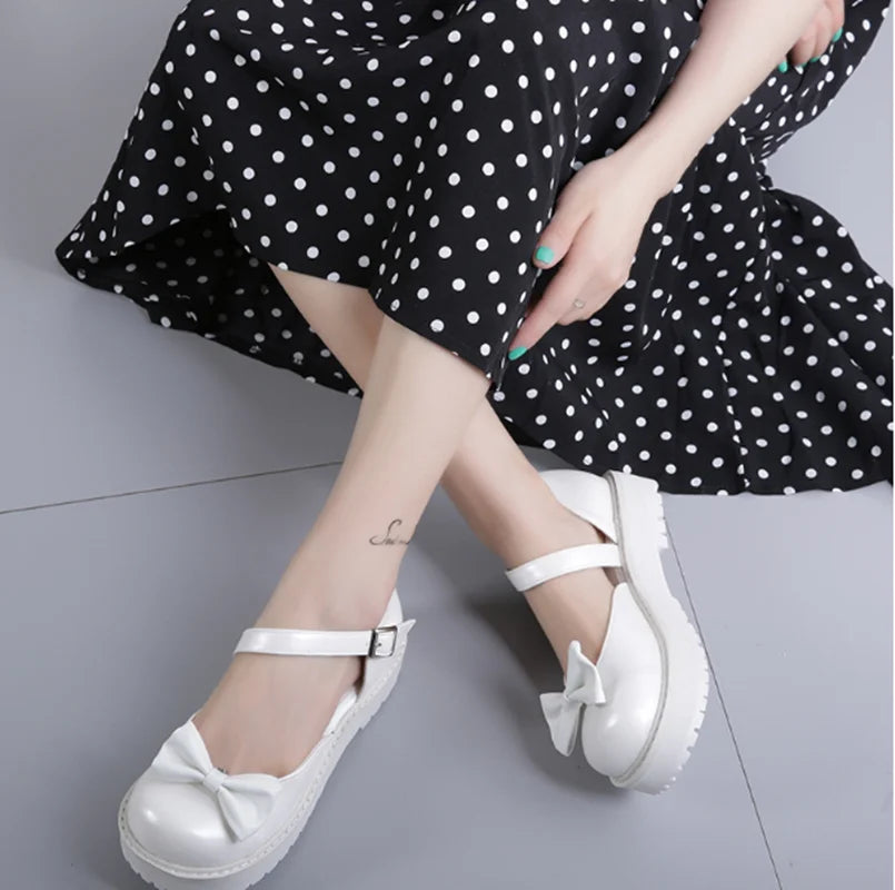 Sohiwoo vintage round head low heel women shoes cute bowknot one-word buckle kawaii shoes loli cosplay Japanese sweet lolita shoes---Charming Bow Pumps for a Cute and Stylish Look