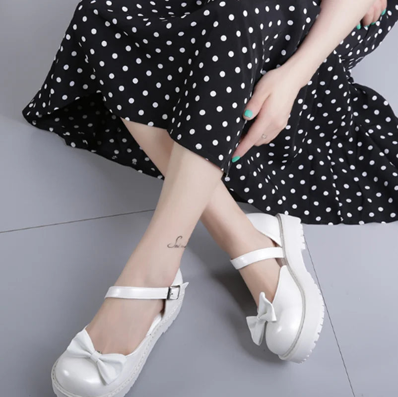 Sohiwoo vintage round head low heel women shoes cute bowknot one-word buckle kawaii shoes loli cosplay Japanese sweet lolita shoes---Charming Bow Pumps for a Cute and Stylish Look