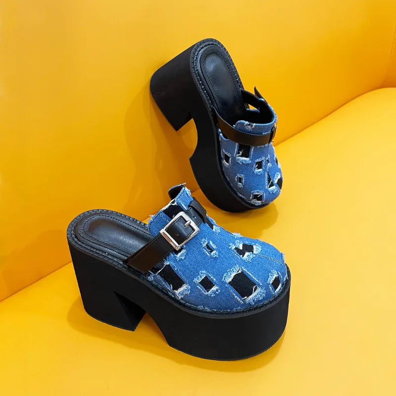 Sohiwoo Women High Heel Shoes Sexy Slippers Thick-heeled Denim Ripped Toe Head Slippers Height Increasing Toe Shoes Plus Size 35-43---Chic Denim Fabric Heels for a Unique Look