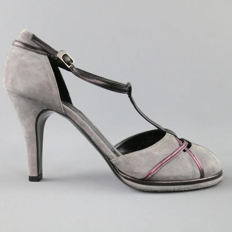 Affordable Suede Ankle Pumps for All-Day Wear--SONIA RYKIEL Size 10 Grey & Purple Suede T-strap Pumps Heels