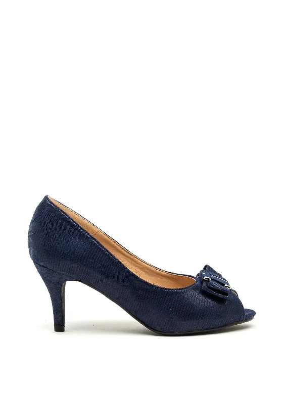 Trendy Peep Toe Platform Heels Crafted from Genuine Leather--Sorento Marlfield Bow Peep Toe Heeled Shoes, Navy