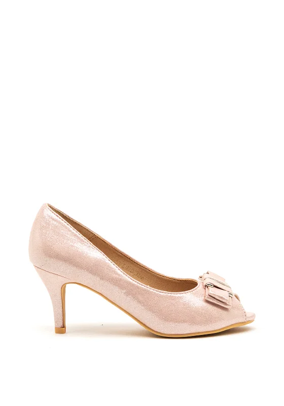 Trendy Peep Toe Platform Heels Crafted from Genuine Leather--Sorento Marlfield Bow Peep Toe Heeled Shoes, Pink