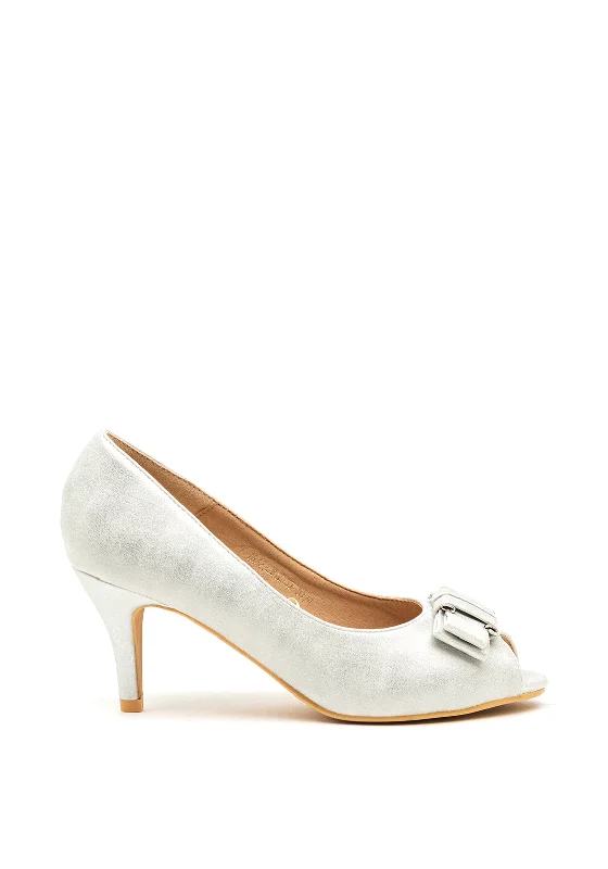 Trendy Peep Toe Platform Heels Crafted from Genuine Leather--Sorento Marlfield Bow Peep Toe Heeled Shoes, Silver