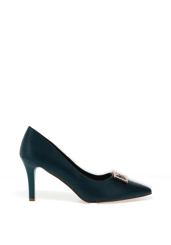 Versatile Heeled Sandals for Any Occasion---Sorento Monart Textured Brooch Court Heels, Green