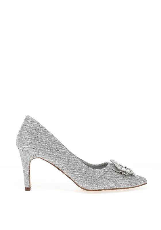 Sorento Glitter Diamante Brooch Court Shoes, Silver---Trendy Glitter Heels for a Glamorous Look