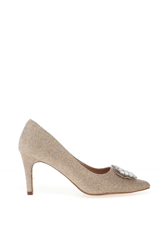 Sorento Glitter Diamante Brooch Court Shoes, Gold---Trendy Glitter Heels for a Glamorous Look