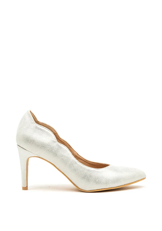 Versatile Heeled Sandals for Any Occasion---Sorento Raheen Scalloped Edge Court Shoes, Silver