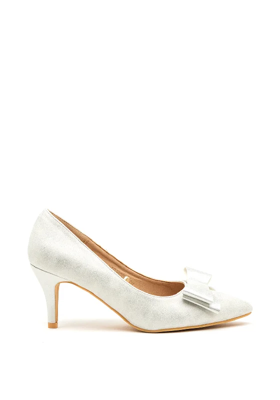 Stiletto Heel Pumps with Perfect Fit--Sorento Sandbrook Bow Pointed Toe Court Shoes, Silver-Fashionable & Classic