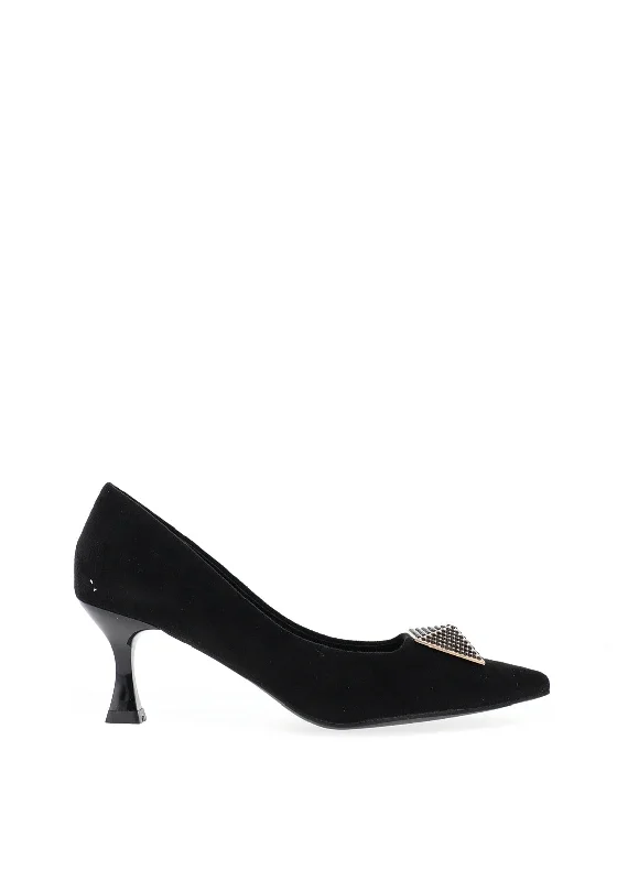 Affordable Suede Ankle Pumps for All-Day Wear--Sorento Secret Garden Faux Suede Embellished Heels, Black