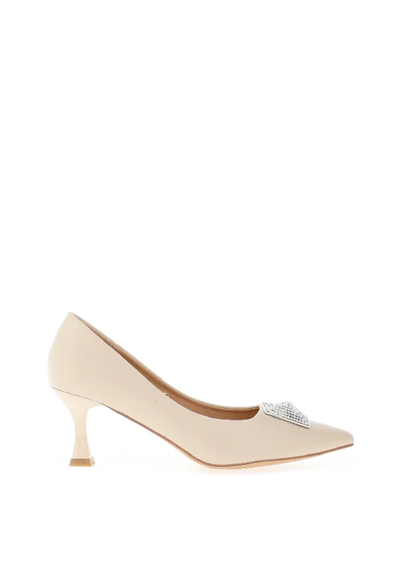 Sorento Secret Garden Faux Leather Embellished Heels, Nude---Comfortable Leather Pumps for Office and Everyday Wear