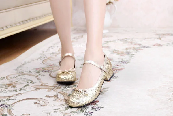 Sosic~Summer Elegant Lolita Sequin Shoes Sweet Bow Low Heel Tea Party Women's Shoes---Charming Bow Pumps for a Cute and Stylish Look